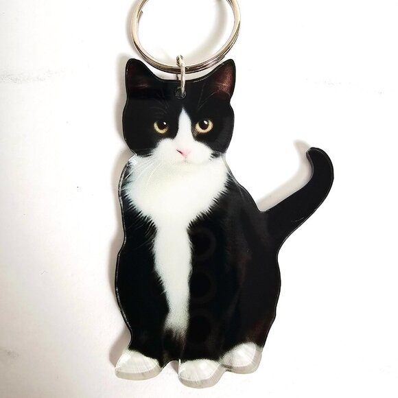 Tuxedo Black White Cat Keychain 2D Acrylic Kitty Key Ring Purse Backpack Charm - Picture 2 of 5